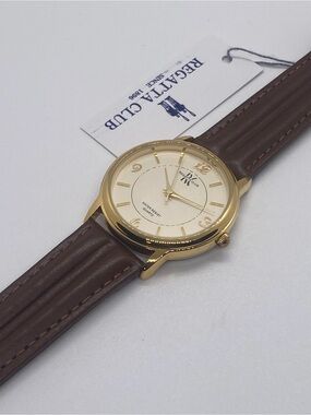 Men's Gold-Tone Quartz Watch with Brown Leather Strap